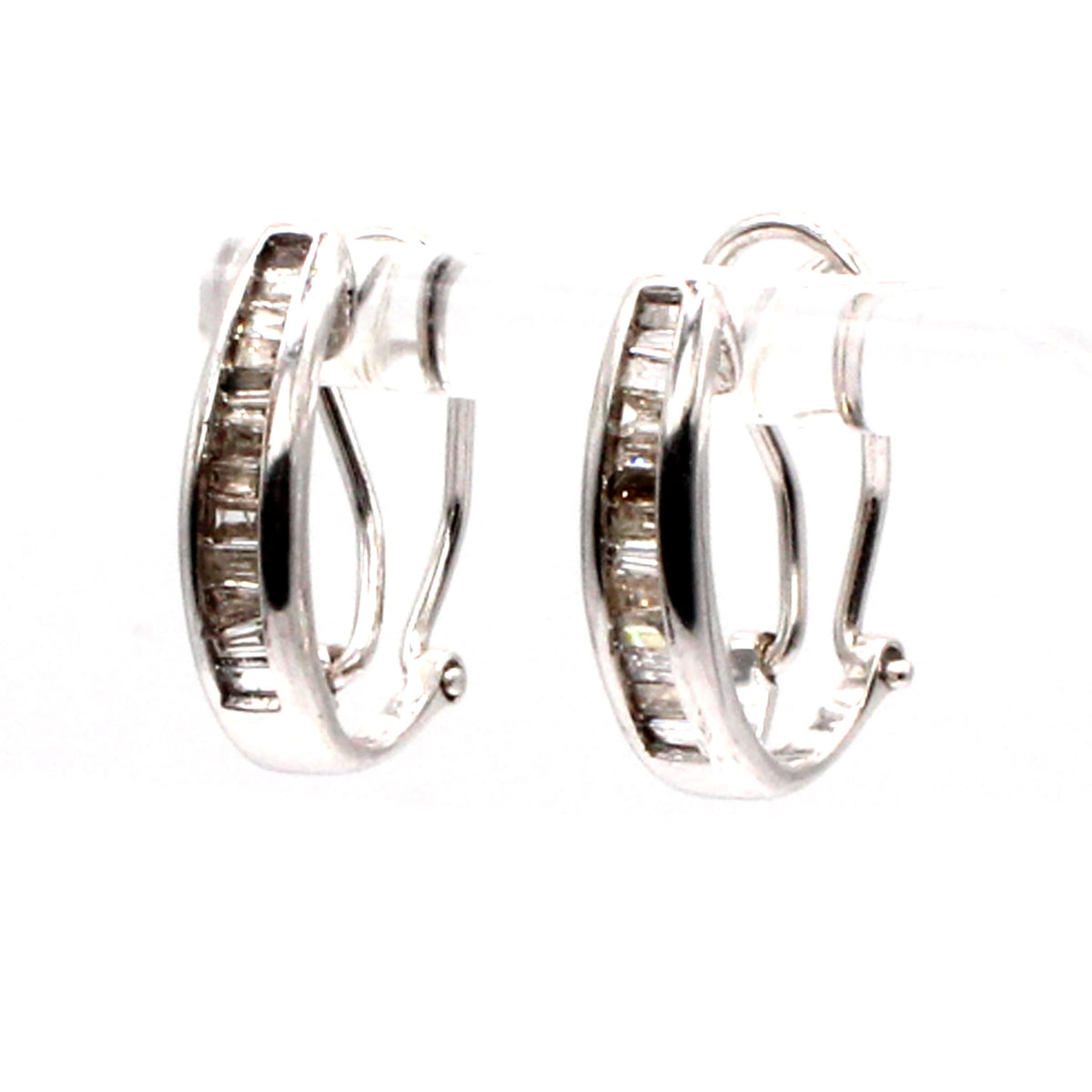 10k White Gold Baguette Channel Set Diamond Huggie Earrings