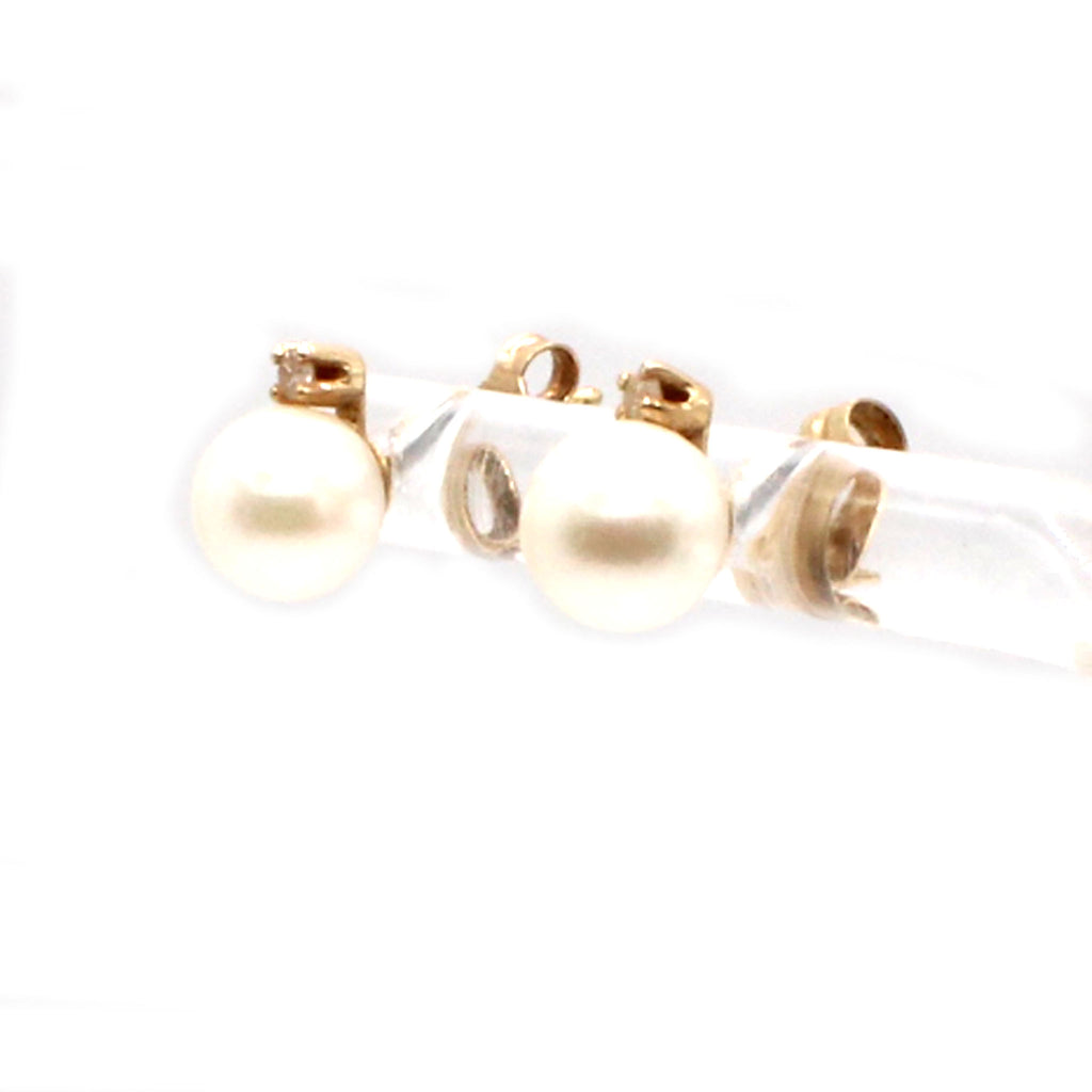 14k Yellow Gold Pearl and Diamond Stud Earrings