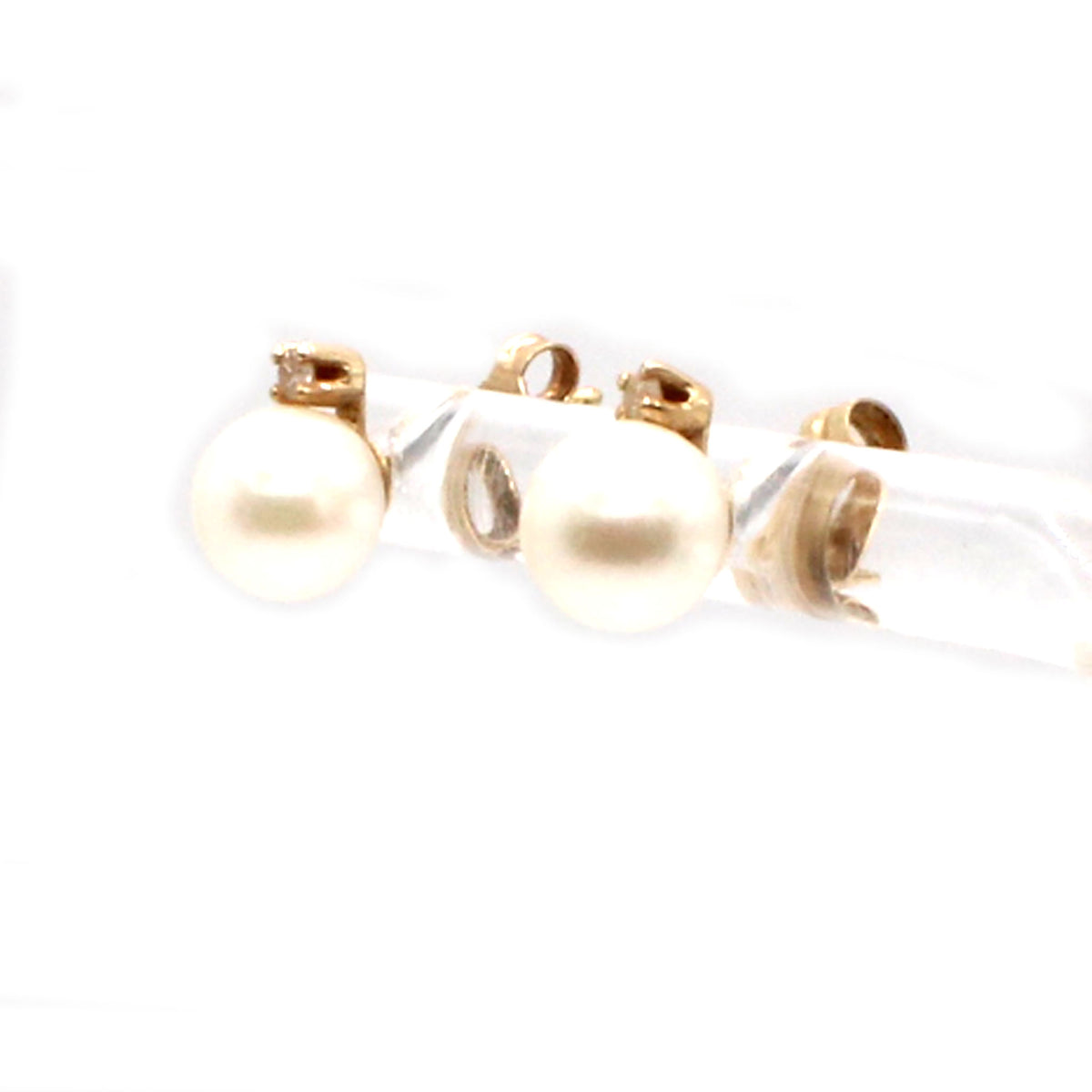 14k Yellow Gold Pearl and Diamond Stud Earrings