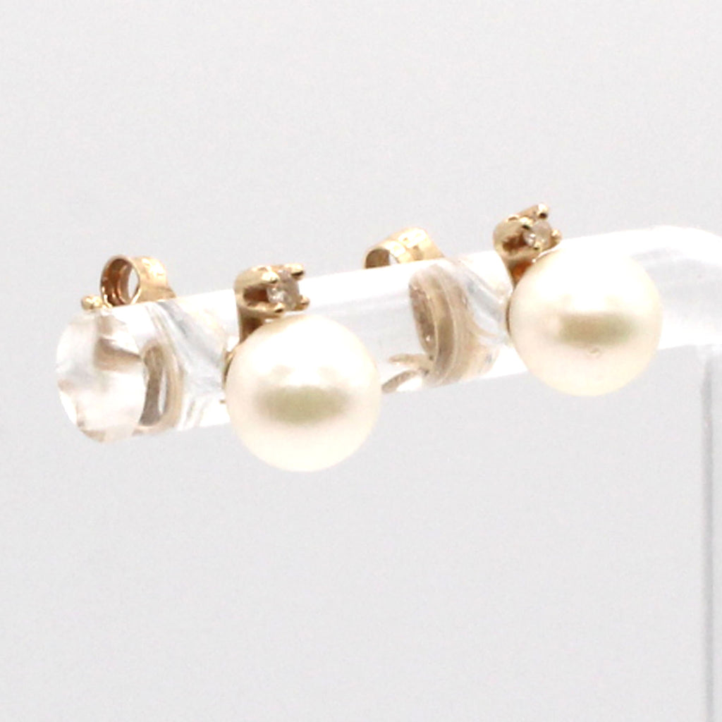14k Yellow Gold Pearl and Diamond Stud Earrings