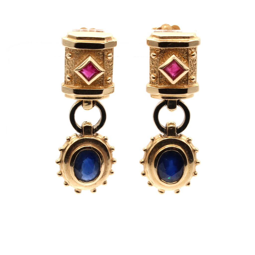 14k Yellow Gold Sapphire and Ruby Hardwear Style Drop Earrings