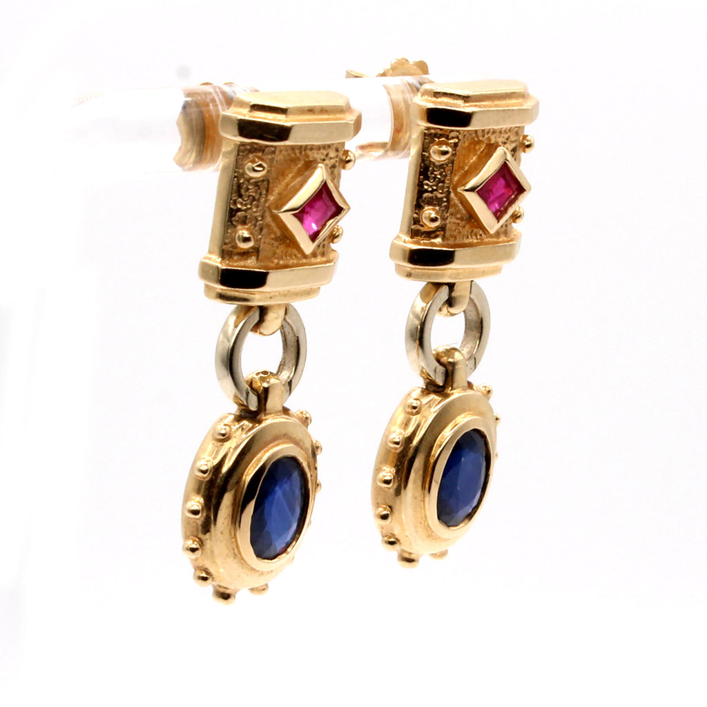 14k Yellow Gold Sapphire and Ruby Hardwear Style Drop Earrings