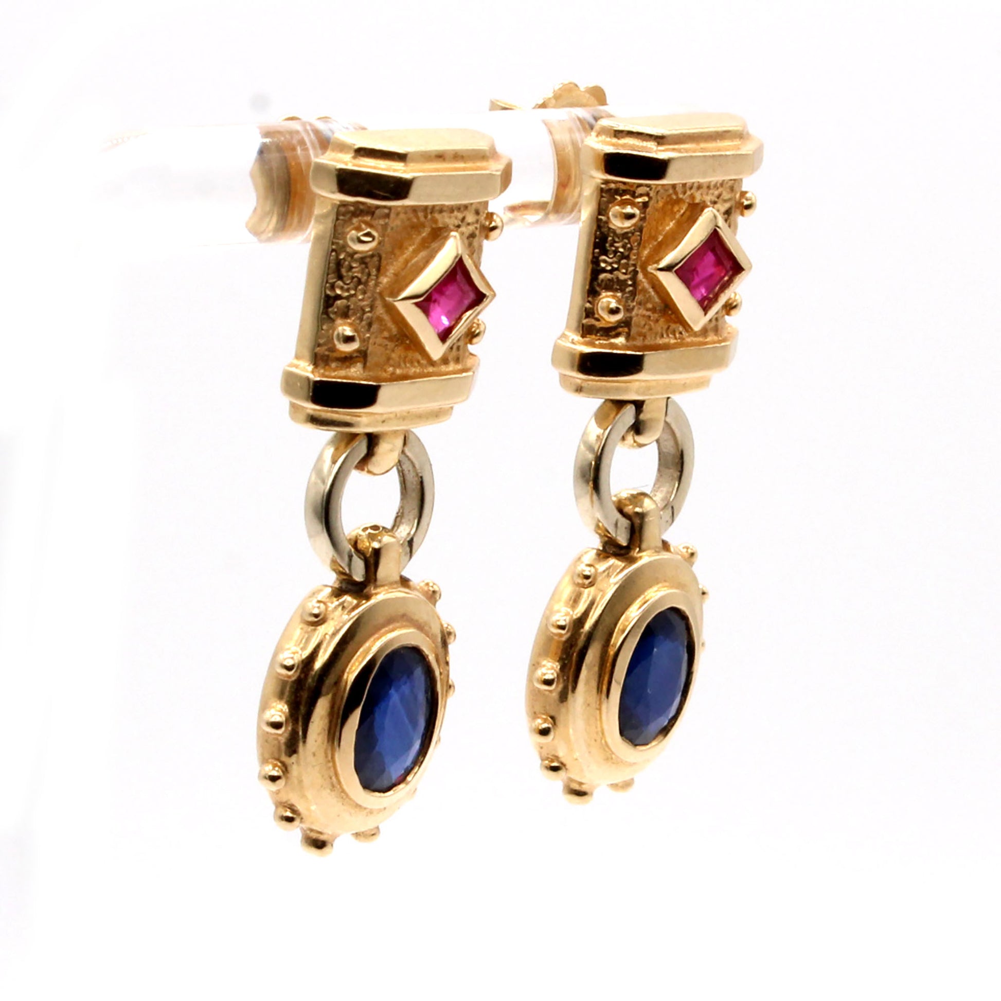 14k Yellow Gold Sapphire and Ruby Hardwear Style Drop Earrings