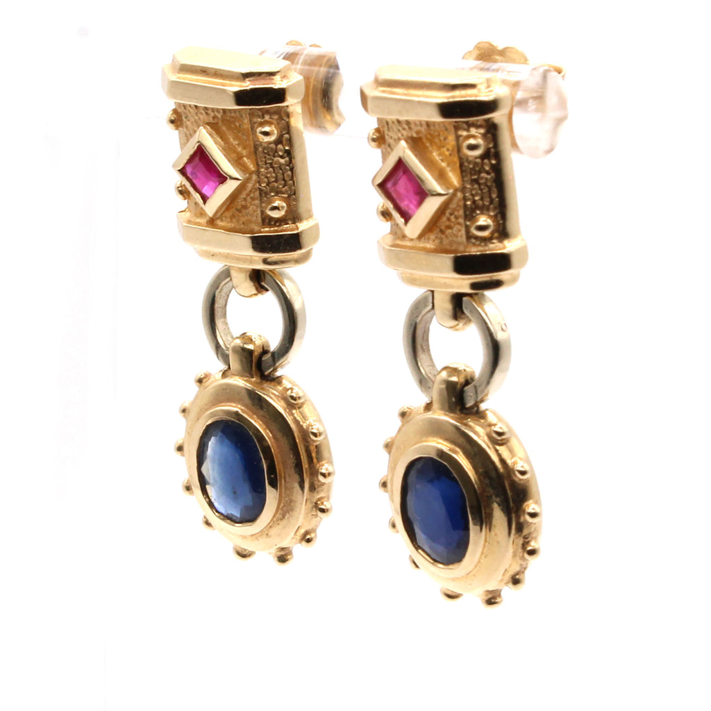 14k Yellow Gold Sapphire and Ruby Hardwear Style Drop Earrings