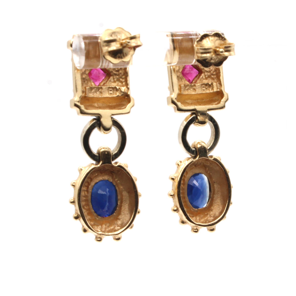 14k Yellow Gold Sapphire and Ruby Hardwear Style Drop Earrings