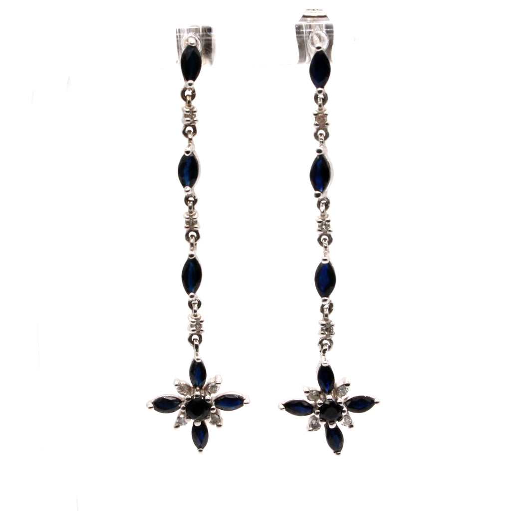 10k White Gold Dark Sapphire and Diamond Drop Dangle Earrings