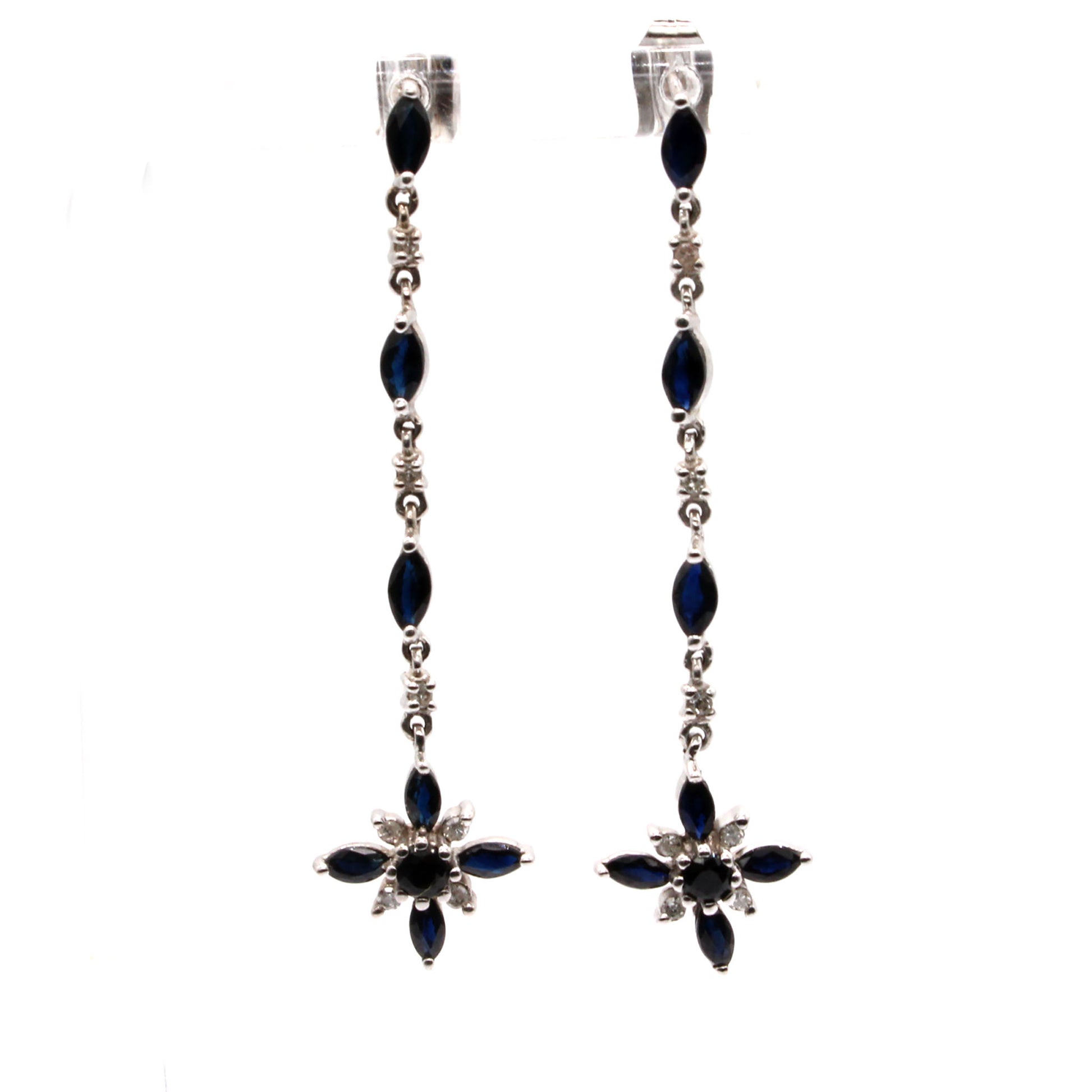 10k White Gold Dark Sapphire and Diamond Drop Dangle Earrings