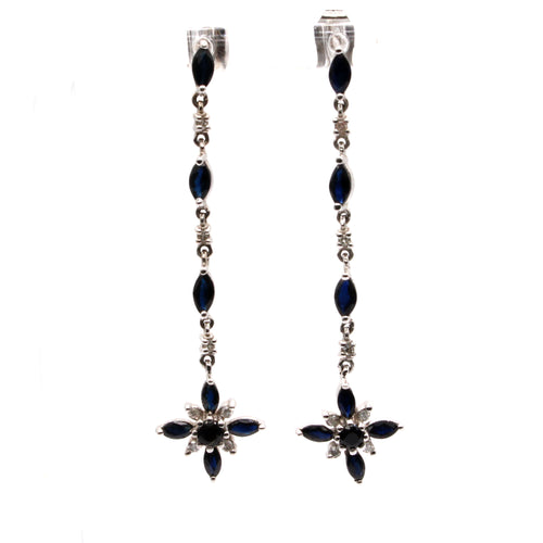 10k White Gold Dark Sapphire and Diamond Drop Dangle Earrings