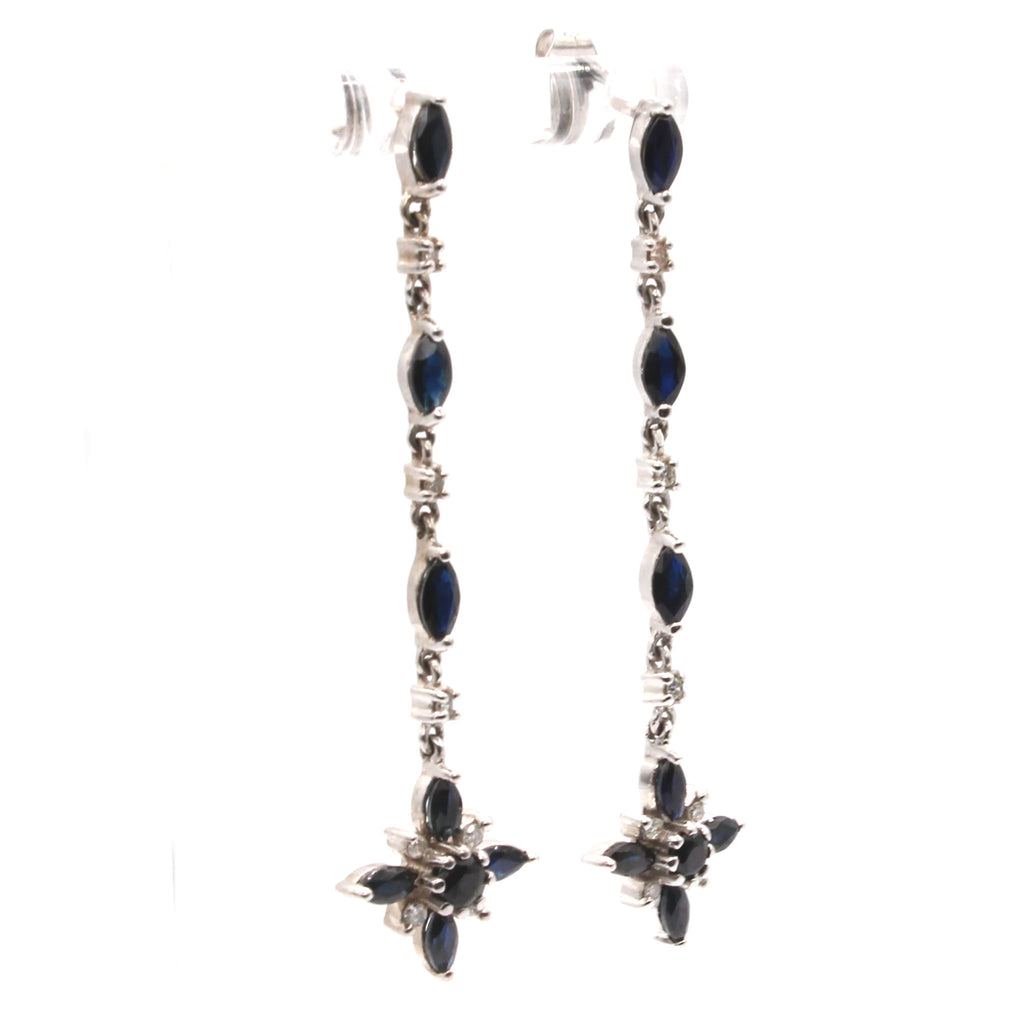 10k White Gold Dark Sapphire and Diamond Drop Dangle Earrings