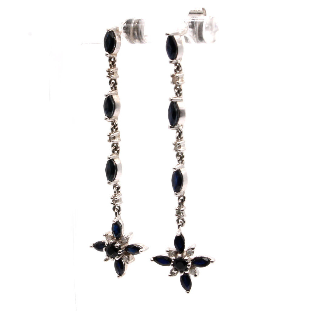 10k White Gold Dark Sapphire and Diamond Drop Dangle Earrings