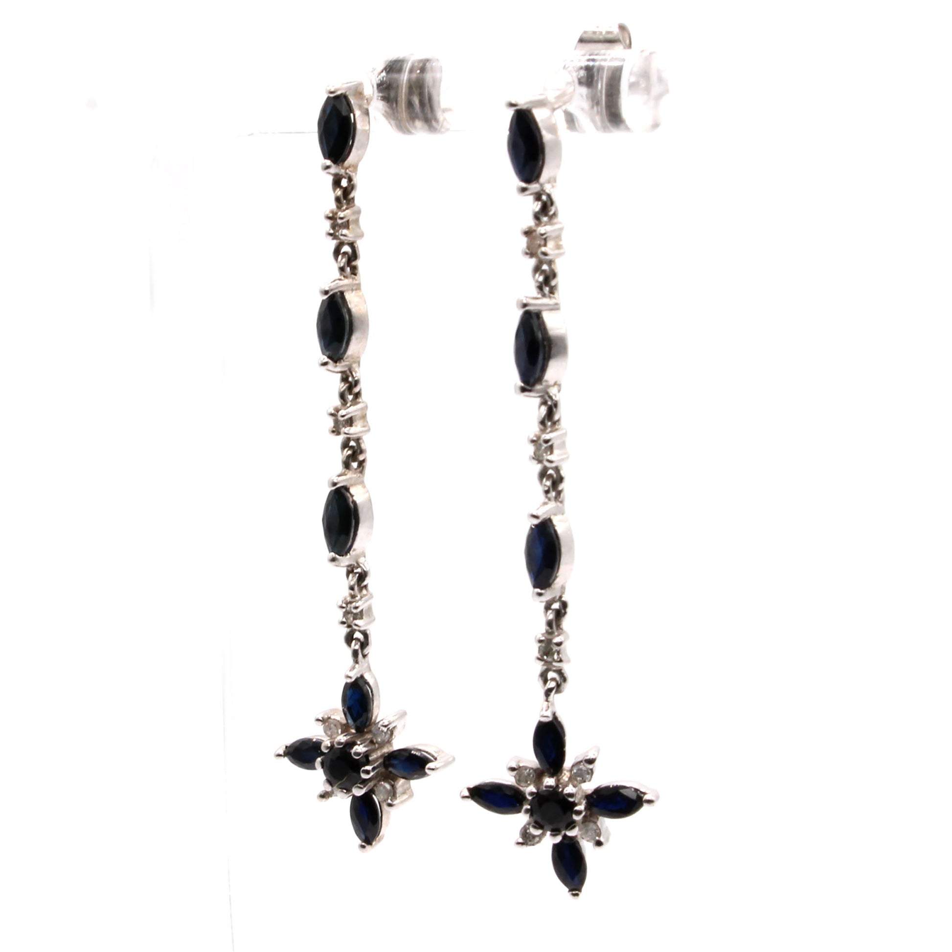 10k White Gold Dark Sapphire and Diamond Drop Dangle Earrings