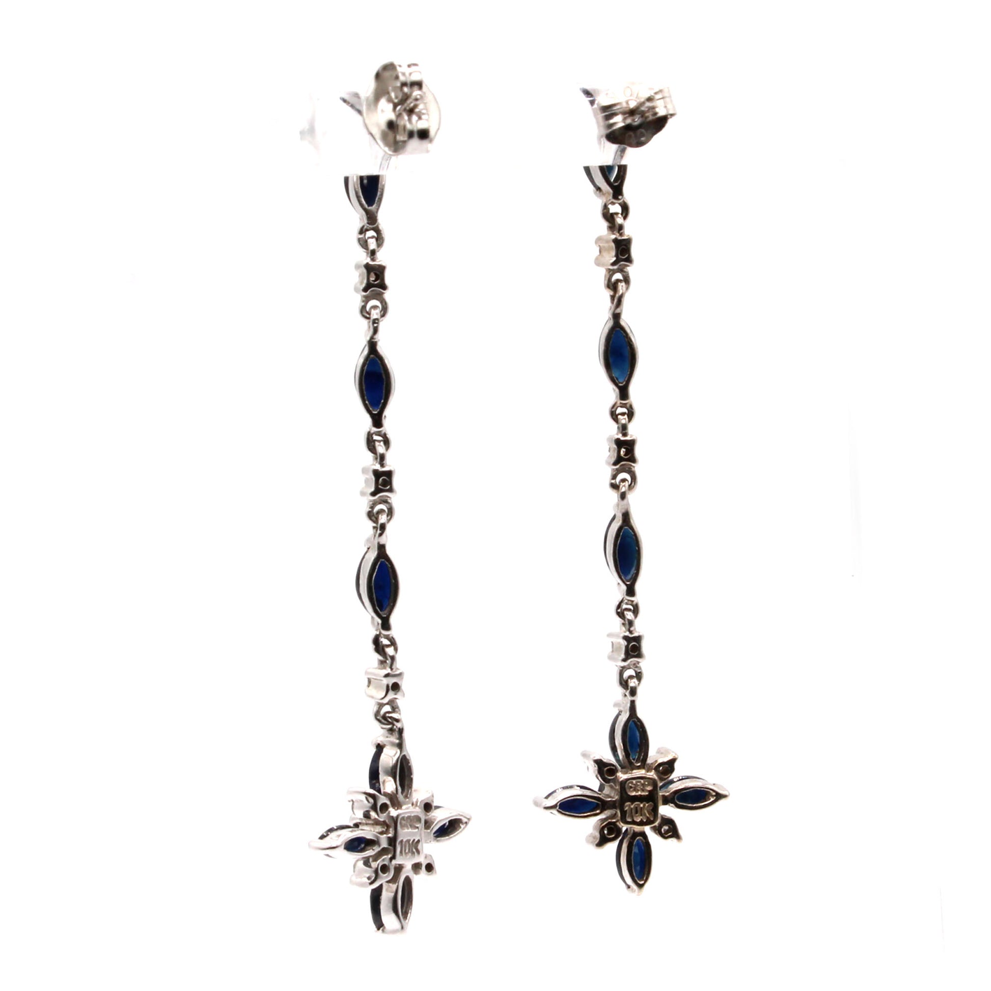10k White Gold Dark Sapphire and Diamond Drop Dangle Earrings